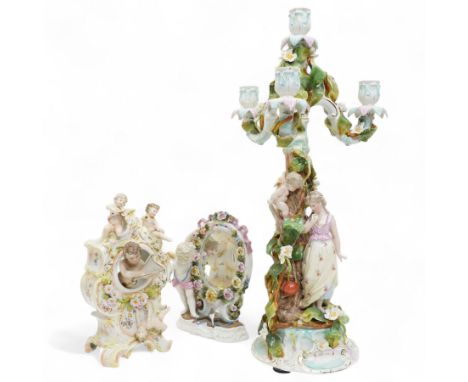 Sitzendorf four branch candelabrum, the column formed as a tree with figures H53cm and Sitzendorf mirror, H22cm; together wit