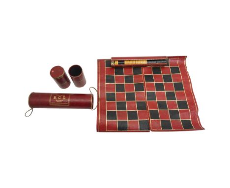 Jaques of London portable B.C.D. board for Backgammon, Chess and Draughts, the inner tube containing thirty two counters and 