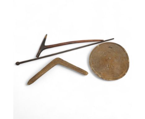 Somali hide shield D33cm, knobkerrie L90cm, New Guinea adze and an Aboriginal boomerang (4)