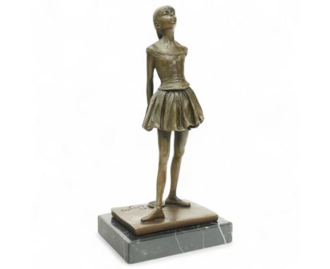 After Degas - Small bronze standing figure of a girl with foundry mark on marble plinth H19cm 