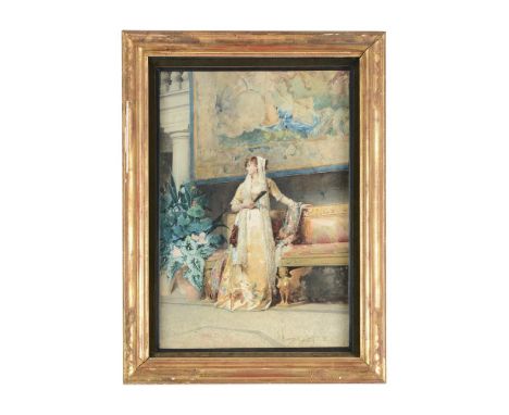 GUSTAVO SIMONI (ITALIAN 1845-1926)AN ELEGANT LADY IN AN INTERIORPencil and watercolour Signed and dated `76' (lower right)53 