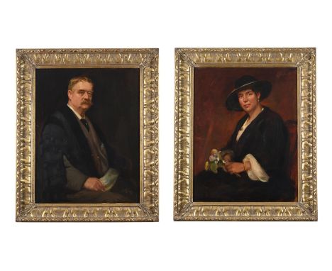 PHILIP TENNYSON COLE (BRITISH FL. C.1862-1939) A PAIR OF PORTRAITS OF A LAWYER AND AND HIS WIFE WITH A BOUQUET OF FLOWERS, SE