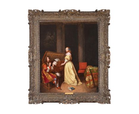 AFTER CASPAR NETSCHERWOMAN PLAYING A VIRGINAL AND A SINGEROil on canvasIndistinctly signed (lower right)60 x 30cm (23½ x 11¾ 