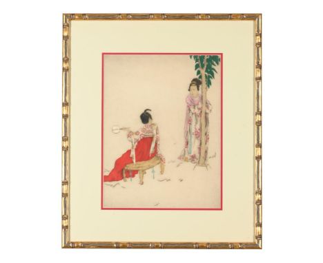 CHINESE SCHOOL (20TH CENTURY)TWO TANG COURT LADIES AT LEISURE Hand-coloured etching 41 x 31cm (16 x 12 in.) Please note measu