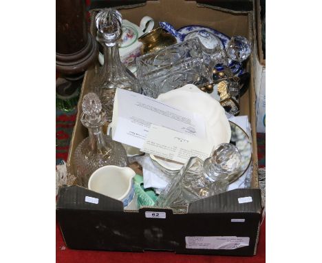 A box of miscellaneous to include cut glass decanters John Maddock & Sons tureen and ladle, Chinese and Paul Doyle collectors