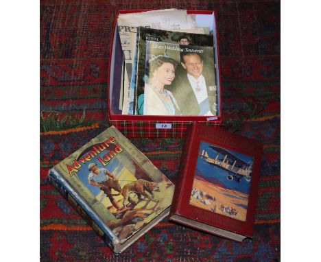 Two boxes of collectables to include Royal ephemera, two vintage boys annuals and vintage dressing table sets.