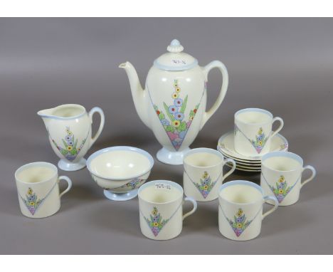 A Royal Doulton Art Deco coffee service decorated in the Leonara pattern, including coffee pot, cream jug, sugar bowl, coffee