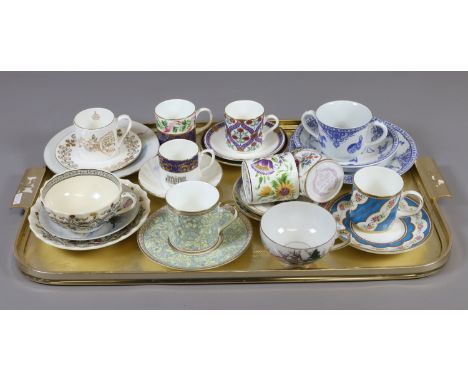 A tray of decorative teaware to include Copeland Spode 'Florence' bachelor's button, Coalport gilded floral coffee cup and ot