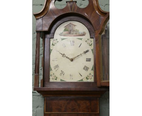 A C19th oak and mahogany thirty hour longcase clock with marquetry inlay, shell pateraes, dome top hand painted dial with Rom