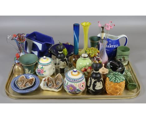 A tray of collectables to include Wade Wedgwood, Poole and assortment of art glass.