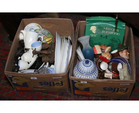 Two boxes of miscellaneous ceramics to include Carltonware coffee service, Poole tea service, Masons Ironstone cabinet plates