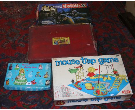 A small collection of childrens toys and games, vintage Meccano, Mousetrap, National Beautie dolls and little used escape fro