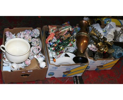 Three boxes of miscellaneous to include porcelain flowers, Crown vases, gilded glassware, Quartz clock etc.