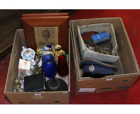 Two boxes of miscellaneous including vintage Meccano, RAF cap, glass vases, framed prints, novelty teapot, cased cutlery etc.