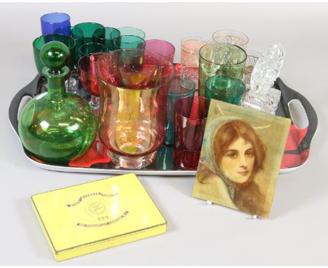 A tray lot of coloured glass, cranberry, Art Deco and etched examples, Mary Gregory, etc together with an un framed reverse p