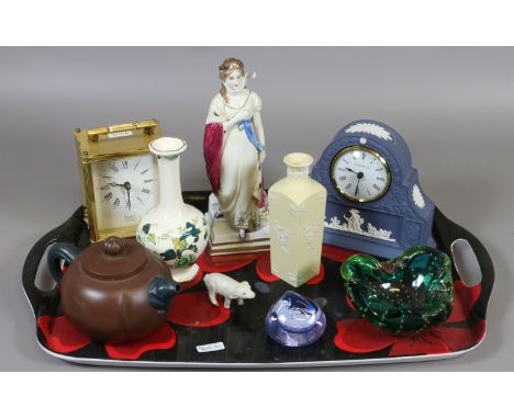 A small collection of ceramics to include Wedgwood mantel clock, Masons bottle vase, Caithness blue glass paperweight etc.