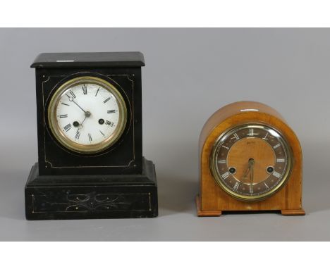 A Victorian slate mantel clock with twin train cylinder movement Roman numerals on a white enamel dial (AF) along with a Smit