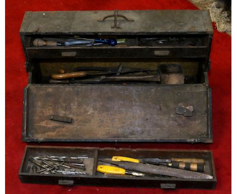 A monogrammed vintage carpenters tool chest and contents of tools.