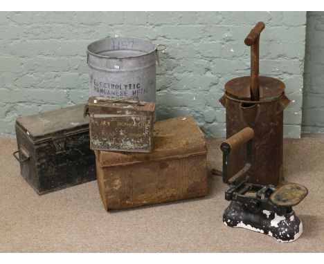 A quantity of metalware to include ammunition box, cheese press, storage trunks etc.