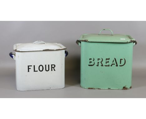 A vintage Pistachio enamel bread bin and a white enamel flour bin.