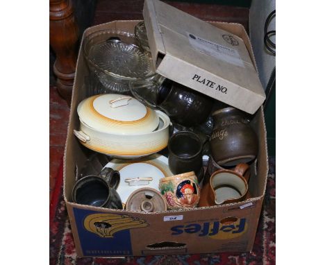 A box of mixed glassware and ceramics to include jelly moulds, tourist wares, Palissy, art pottery etc.