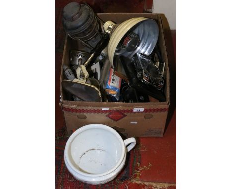 A box of miscellaneous and vintage items to include a Galia club lamp, Zenitar and Praktika cameras, lithographs, blow lamp e