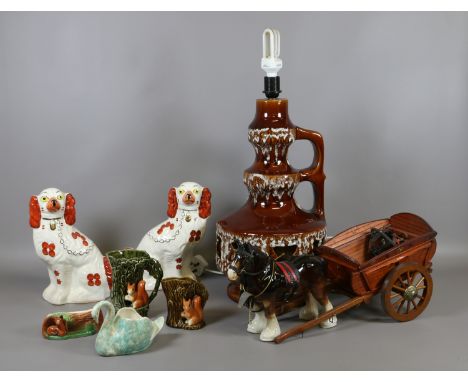 A lot of collectable ceramics including a large West German art pottery lamp base, a model of a bay horse and cart, Sylvac, S
