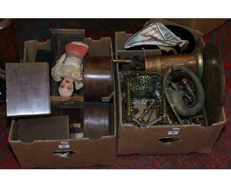 Two boxes of metalwares and wooden items including brass trivet, fireside companion set, clock cases and vintage doll etc.