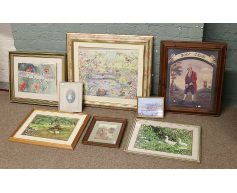 Collection of framed pictures and prints including landscapes of Whitby harbour, monochrome portrait etc 