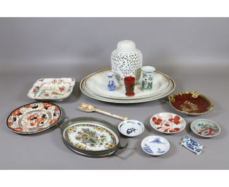 A collection of ceramics including oriental examples; underglaze blue chopstick stands, reticulated blanc de chine vase and C
