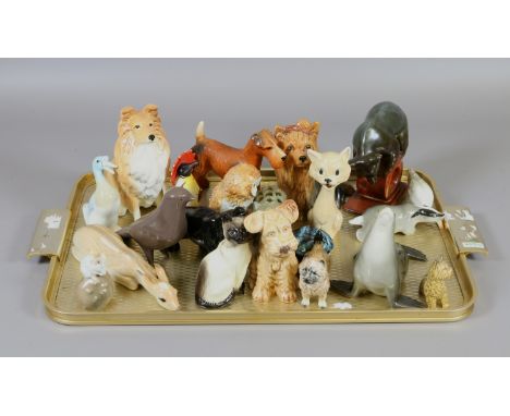 A tray of ceramic animals to include Beswick, Sylvac, Royal Copenhagen, Melba ware and Russian examples.