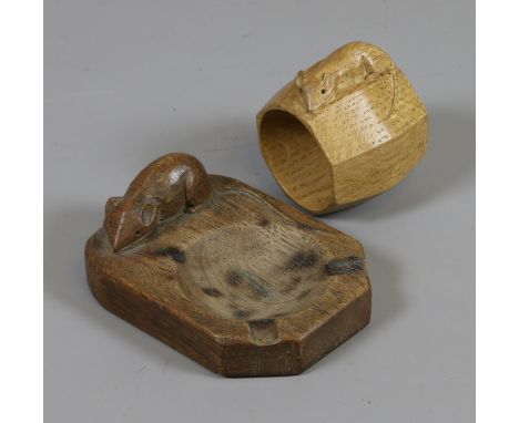 A Robert Mouseman Thompson Kilburn oak serviette ring and ash tray both with carved Mouseman device.