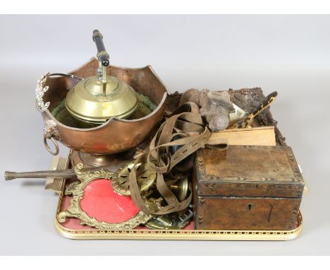 A tray of collectables and brassware to include Gothic style picture frame, caddy, treen figure, copper centre piece, dominoe