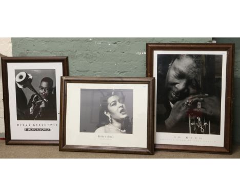 Three framed monochrome portrait prints to include Billie Holiday, Dizzy Gillespie and B B King
