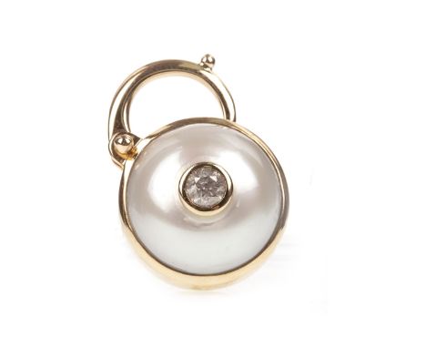 SOUTH SEA PEARL AND DIAMOND PENDANT, the round white South Sea pearl 17.9mm in diameter, with central collet set round brilli