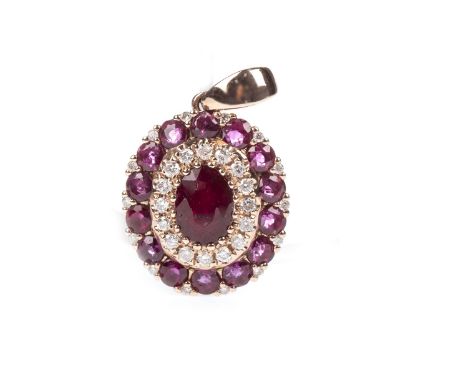 RUBY AND DIAMOND PENDANT, the oval ruby surrounded by round brilliant cut diamonds totalling approximately 0.19 carats, withi