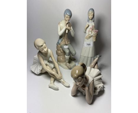 A GROUP OF FOUR CERAMIC FIGURES TO INCLUDE TWO NAO LLADRO BALLERINAS AND TWO FURTHER CERAMIC FIGURES 