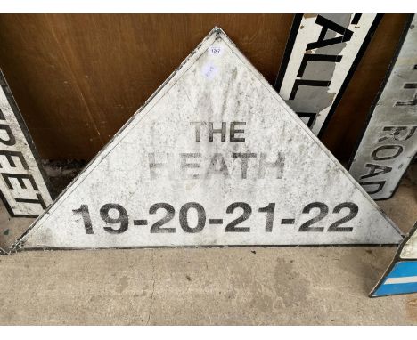A VINTAGE TRIANGULAR METAL 'THE HEATH' ROAD SIGN 