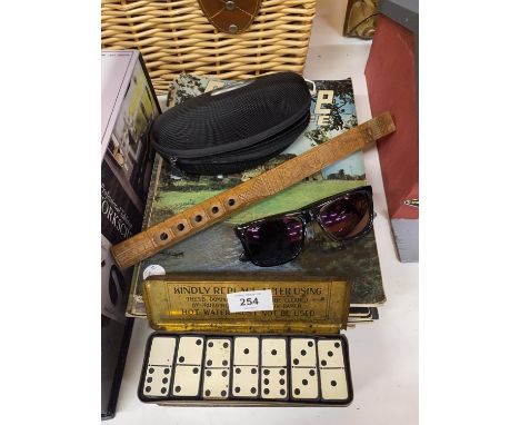 A MIXED LOT TO INCLUDE VINTAGE COPIES OF CHESHIRE LIFE, A TIN OF DOMINOES, OLD WOODEN RECORDER AND RAY BAN SUNGLASSES IN CASE