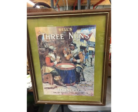 A VINTAGE STYLE BELL'S 'THREE NUNS' TOBACCO POSTER IN A WOODEN FRAME 55CM X 44CM 