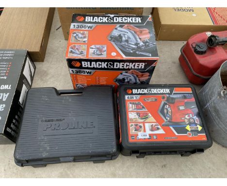 THREE VARIOUS BLACK AND DECKER POWER TOOLS TO INCLUDE A 1300W CIRCULAR SAW, A 4 IN 1 SANDER AND A PROLINE BATTERY DRILL 