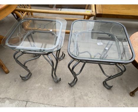 A PAIR OF LAMP TABLES ON METALWARE BASES WITH GLASS TOP, 19" SQUARE EACH 