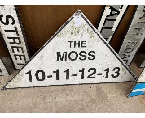 A VINTAGE TRIANGULAR METAL 'THE MOSS' ROAD SIGN 