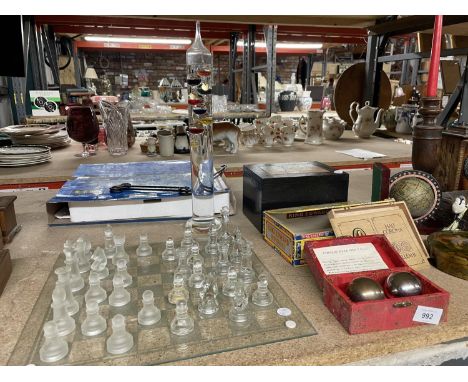 A GLASS CHESS SET WITH BOX, CHINESE EXERCISE BOWLS, WOODEN BOX, GALLILEO THERMOMETER, VINTAGE KING EDWARD CIGAR BOX 