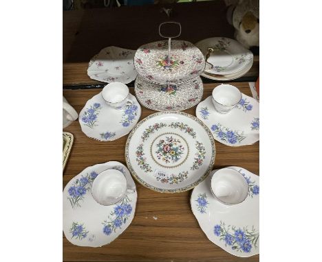 FOUR ROYAL VALE CORNFLOWER TENNIS PLATES AND CUPS, COALPORT MING ROSE PLATE, TWO TIERED MIDWINTER STYLECRAFT FASHION SHAPED C
