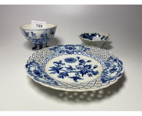 THREE 19TH CENTURY CERAMIC ITEMS - DISH WITH MEISSEN CROSS SWORDS MARK, SMALL CHELSEA STYLE CABBAGE LEAF PATTERN DISH AND FUR