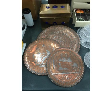 THREE VINTAGE COPPER AND SILVER PLATE CAIRO WARE TRAYS AND A BRASS BOX WITH BLUE ENAMEL DECORATION (ONE TOP ENAMEL DISC A/F) 