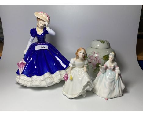 FOUR CERAMIC ITEMS - ROYAL DOULTON FIGURE OF THE YEAR 'MARY' HN3375, TWO SMALL ROYAL DOULTON LADY FIGURES AND A LIDDED GINGER