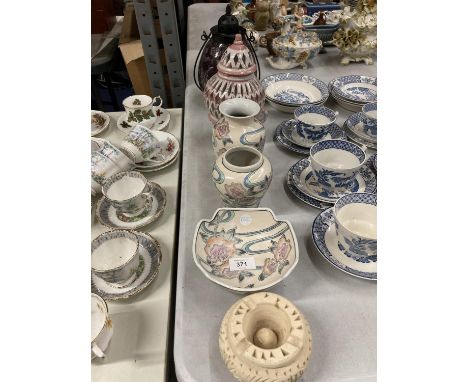 A QUANTITY OF STUDIO POTTERY STYLE VASES AND BOWLS PLUS A HANGING LANTERN 