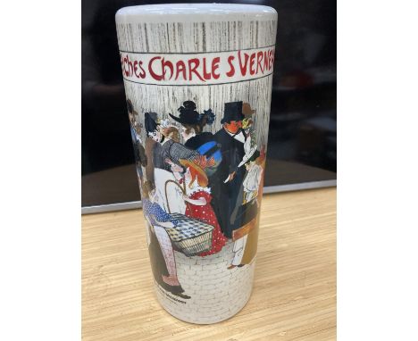 A LARGE CYLINDRICAL VASE WITH A VINTAGE STYLE PARIS STREET SCENE HEIGHT 32CM 